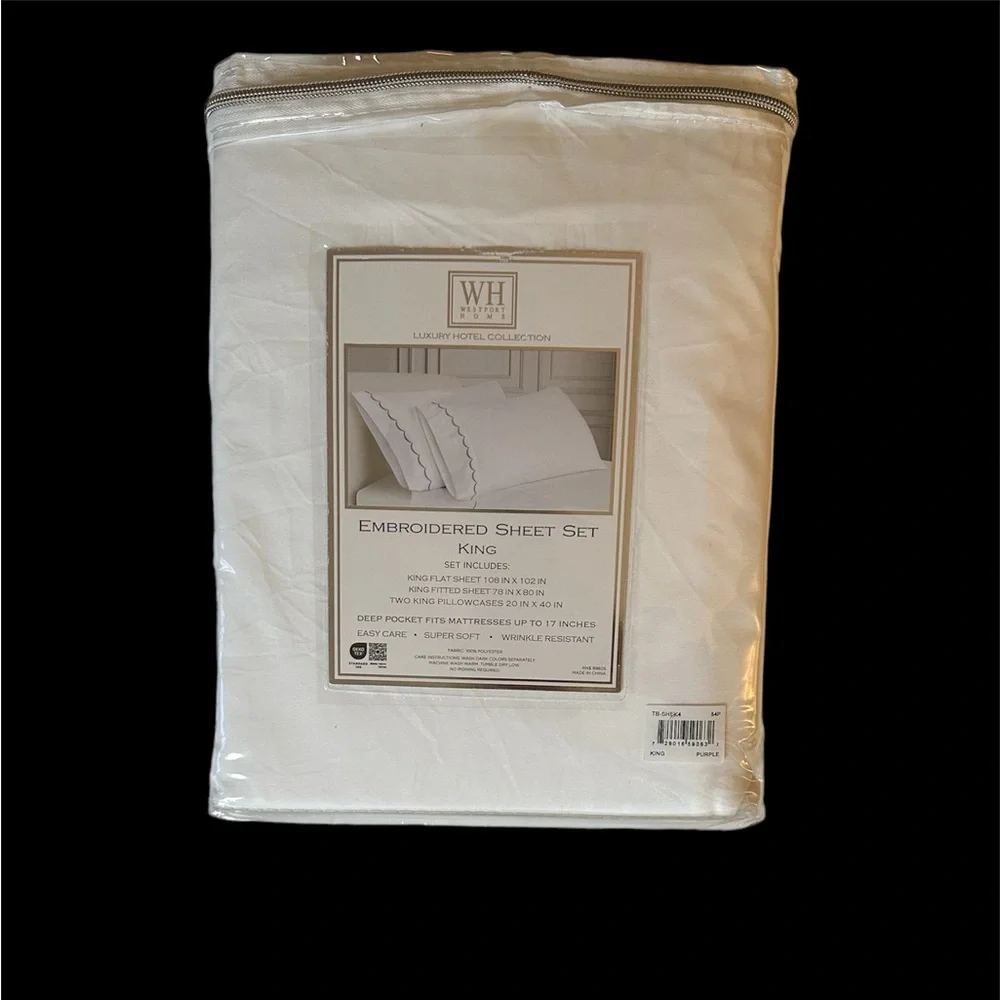 Westport Home Luxury Hotel Collection King Sheets Set White W/ Lavendar Accents